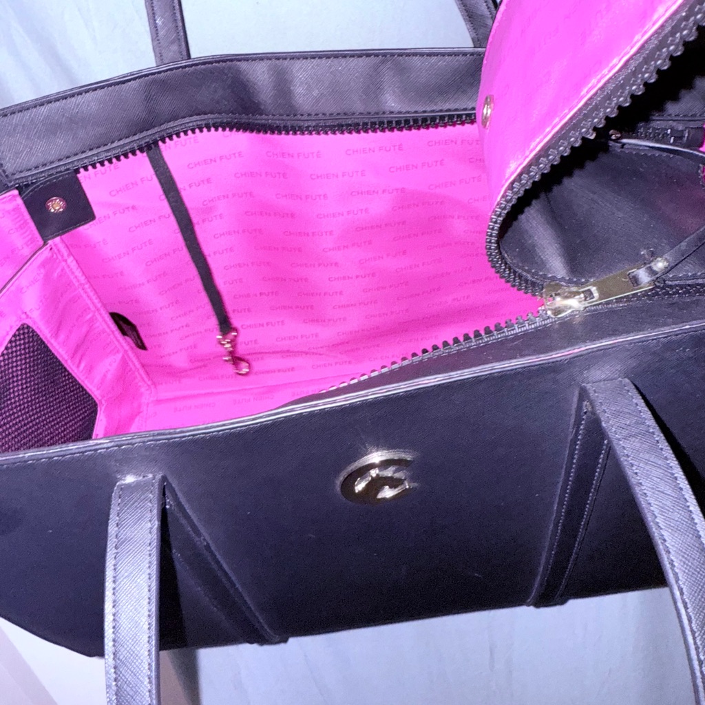 Designer-Inspired Black Dog Travel Tote Bag With Gold Accent.